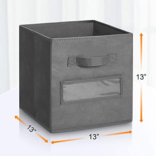 artsdi 13x13 Inch Cube Storage Bins(Set of 8)-Basket Bins with 8 Labels Window Cards & a Pen - Collapsible Storage Organizer Boxes Cube For Nursery Home & Office-Gray