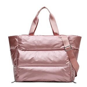large puffer tote bag women handbags winter soft puffer shoulder bag portable yoga fitness bag travel bag (pink)