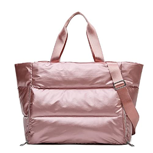 Large Puffer Tote Bag Women Handbags Winter Soft Puffer Shoulder Bag Portable Yoga Fitness Bag Travel Bag (Pink)