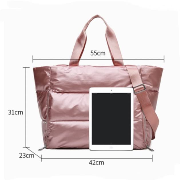 Large Puffer Tote Bag Women Handbags Winter Soft Puffer Shoulder Bag Portable Yoga Fitness Bag Travel Bag (Pink)