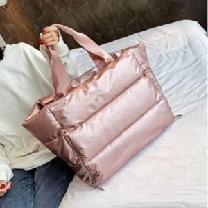 Large Puffer Tote Bag Women Handbags Winter Soft Puffer Shoulder Bag Portable Yoga Fitness Bag Travel Bag (Pink)