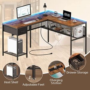 SUPERJARE L Shaped Desk with Power Outlets & LED Lights, Computer Desk with Storage Shelves & Fabric Drawer, Reversible Corner Desk with Bookshelf, Home Office Desk, Rustic Brown