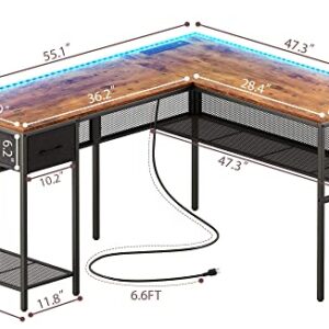 SUPERJARE L Shaped Desk with Power Outlets & LED Lights, Computer Desk with Storage Shelves & Fabric Drawer, Reversible Corner Desk with Bookshelf, Home Office Desk, Rustic Brown