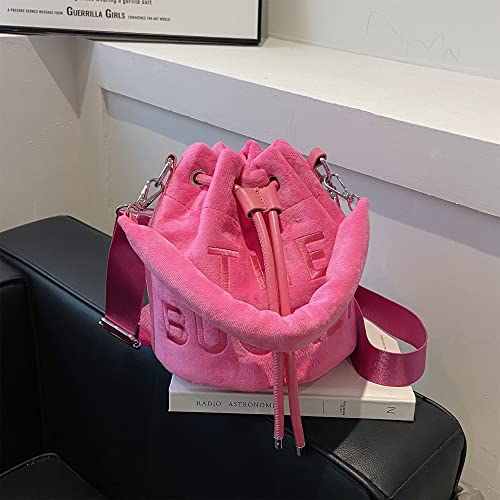 Hobo Bags for Women, Small Bucket Bag, Soft Plush Hobo Purses, Crossbody/Handbag(7.9 * 7.9 * 8.3in) (Rose Red)