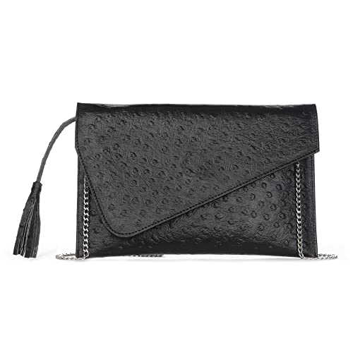 PREMIER ARTISANS - Black Textured Leather Evening Clutch - Handmade Clutch Purses For Women - Small Foldover Clutch Purse With Shoulder Strap - Formal Events Going Out - 11 x 2 x 7 Inches