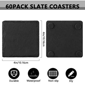 60PCS Black Slate Coasters Bulk 4 x 4 Inch Square Slate Drink Coasters Coffe Bar Coasters Rustic Handmade Cup Coasters with Anti-Scratch Bottom for Coffee Home Table Kitchen