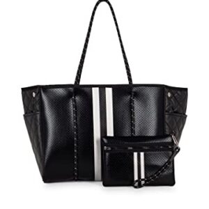 Haute Shore - Greyson Carbon Neoprene Tote Bag w/Zipper Wristlet Inside,Black Coated W/Silver & Black Stripe,One_Size