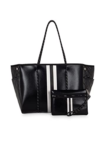 Haute Shore - Greyson Carbon Neoprene Tote Bag w/Zipper Wristlet Inside,Black Coated W/Silver & Black Stripe,One_Size