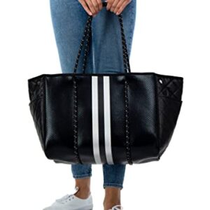 Haute Shore - Greyson Carbon Neoprene Tote Bag w/Zipper Wristlet Inside,Black Coated W/Silver & Black Stripe,One_Size