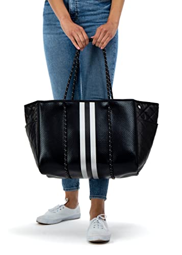 Haute Shore - Greyson Carbon Neoprene Tote Bag w/Zipper Wristlet Inside,Black Coated W/Silver & Black Stripe,One_Size