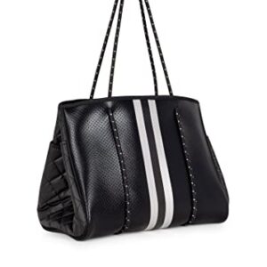 Haute Shore - Greyson Carbon Neoprene Tote Bag w/Zipper Wristlet Inside,Black Coated W/Silver & Black Stripe,One_Size