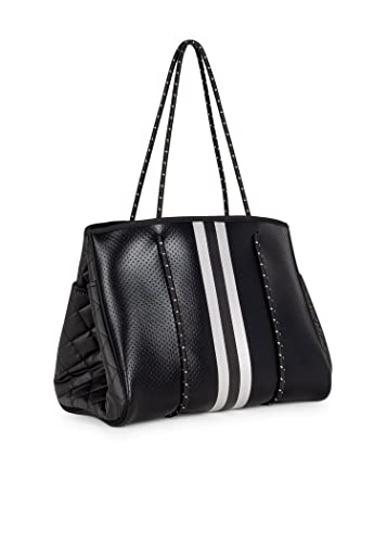 Haute Shore - Greyson Carbon Neoprene Tote Bag w/Zipper Wristlet Inside,Black Coated W/Silver & Black Stripe,One_Size