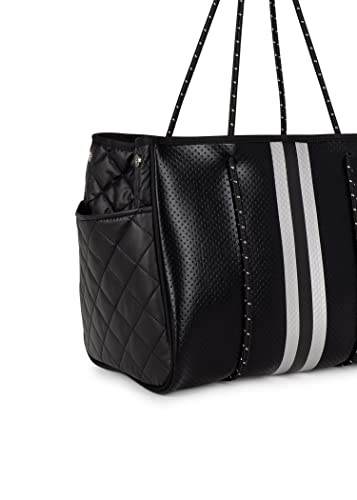 Haute Shore - Greyson Carbon Neoprene Tote Bag w/Zipper Wristlet Inside,Black Coated W/Silver & Black Stripe,One_Size