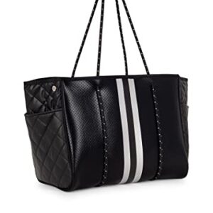 Haute Shore - Greyson Carbon Neoprene Tote Bag w/Zipper Wristlet Inside,Black Coated W/Silver & Black Stripe,One_Size