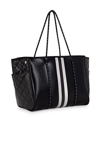 Haute Shore - Greyson Carbon Neoprene Tote Bag w/Zipper Wristlet Inside,Black Coated W/Silver & Black Stripe,One_Size