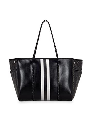 Haute Shore - Greyson Carbon Neoprene Tote Bag w/Zipper Wristlet Inside,Black Coated W/Silver & Black Stripe,One_Size