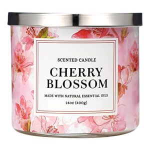 spring candle cherry blossom scented candle 3 wicks large jar, 14 oz
