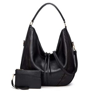 hobo purses for women large crossbody bags boho satchel bags with tassel ladies leather handbags with crossbody strap 2pc retro black
