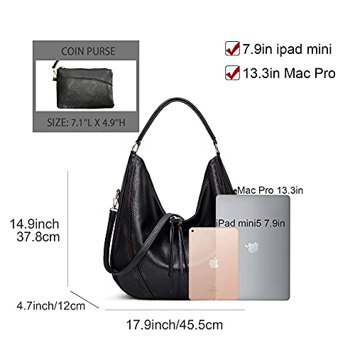 Hobo purses for Women Large Crossbody Bags Boho Satchel Bags with Tassel Ladies Leather Handbags with Crossbody Strap 2PC Retro Black