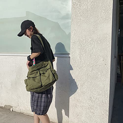 Canvas Messenger Bag for Women Men,Multiple Pockets Large Hobo Bag Canvas Crossbody Bag Shoulder Tote Bag School Daypacks