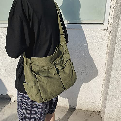 Canvas Messenger Bag for Women Men,Multiple Pockets Large Hobo Bag Canvas Crossbody Bag Shoulder Tote Bag School Daypacks