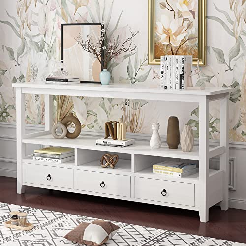 Karl home Console Table with 3 Bottom Drawers, Sofa Side Table Entryway Desk with 3 Storage Cubbies 1 Open Shelf, Vintage TV Stand for Hallway Living Room Office, White 29.9" H