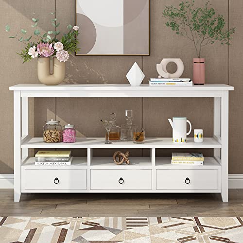 Karl home Console Table with 3 Bottom Drawers, Sofa Side Table Entryway Desk with 3 Storage Cubbies 1 Open Shelf, Vintage TV Stand for Hallway Living Room Office, White 29.9" H