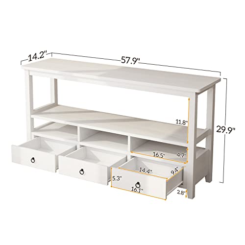 Karl home Console Table with 3 Bottom Drawers, Sofa Side Table Entryway Desk with 3 Storage Cubbies 1 Open Shelf, Vintage TV Stand for Hallway Living Room Office, White 29.9" H