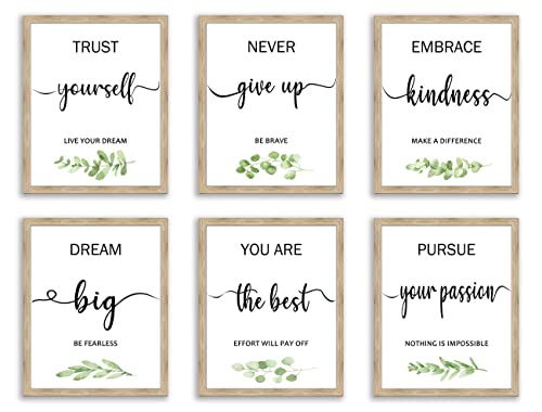 Motivational Wall Art Office Decor, Inspirational Wall Art, Watercolor Sage Green Print Boho Motivational Quote Wall Art, Green Plants Decor for Bedroom - Office Study Living Room Bedroom Decor, Set of 6 Leaf Eucalyptus Wall Decor, Minimalist Leaves Wall