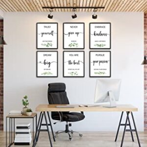 Motivational Wall Art Office Decor, Inspirational Wall Art, Watercolor Sage Green Print Boho Motivational Quote Wall Art, Green Plants Decor for Bedroom - Office Study Living Room Bedroom Decor, Set of 6 Leaf Eucalyptus Wall Decor, Minimalist Leaves Wall