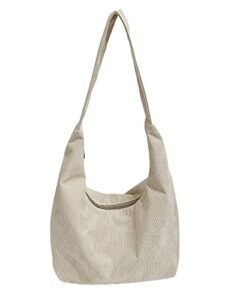 gorglitter women’s corduroy tote bag casual zipper handbag big capacity shoulder bag beige one size