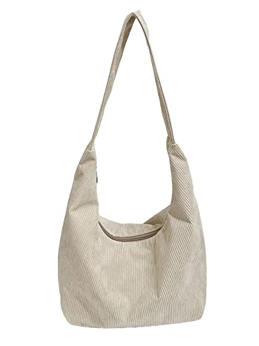 GORGLITTER Women's Corduroy Tote Bag Casual Zipper Handbag Big Capacity Shoulder Bag Beige One Size