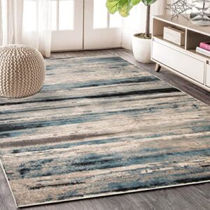 superior indoor large area rug, striped damask modern decor for living/ dining room, office, bedroom, entryway, kitchen, dorm, hardwood floor throw, jute backed, taia collection, blue-cream, 5′ x 8′