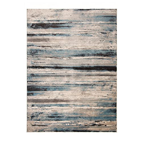 SUPERIOR Indoor Large Area Rug, Striped Damask Modern Decor for Living/ Dining Room, Office, Bedroom, Entryway, Kitchen, Dorm, Hardwood Floor Throw, Jute Backed, Taia Collection, Blue-Cream, 5' x 8'