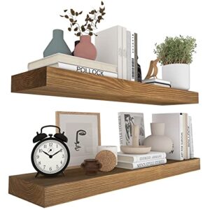 XWNE Wood Floating Shelves,24 inch Rustic Wood Wall Shelves for Bathroom Living Room Bed Room Kitchen Farmhouse Laundry Room Set of 2,Handmade-Thickened Wall Shelf,Oak Color
