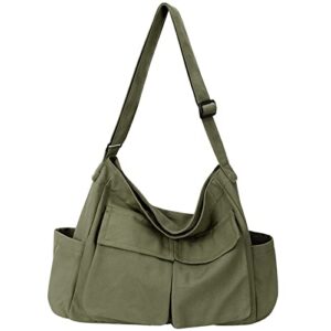 canvas messenger bag hobo shoulder bag crossbody bag with multiple pockets large tote bag handbag for teen girls women men (army green)