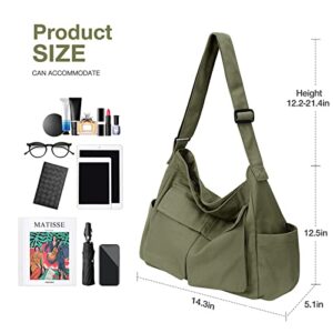 Canvas Messenger Bag Hobo Shoulder Bag Crossbody Bag with Multiple Pockets Large Tote Bag Handbag for Teen Girls Women Men (Army Green)