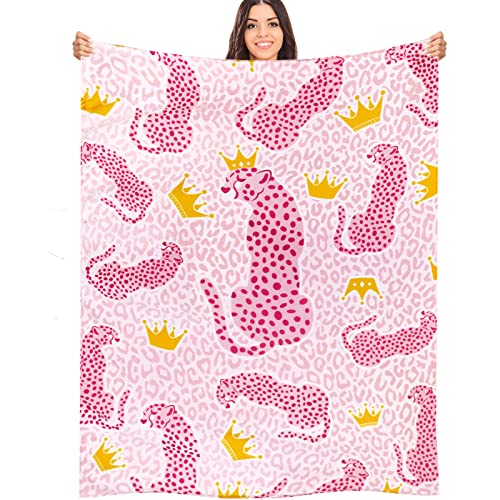 Pink Preppy Leopard Throw Blanket Cute Preppy Stuff Flannel Pink Print Soft Plush Leopard Crown Blanket Cozy Blanket Preppy Bedding Stuff Preppy Room Decor for Bed Dormitory Living Sofa, 55 x 38 in