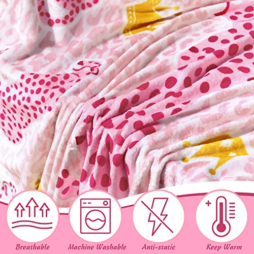 Pink Preppy Leopard Throw Blanket Cute Preppy Stuff Flannel Pink Print Soft Plush Leopard Crown Blanket Cozy Blanket Preppy Bedding Stuff Preppy Room Decor for Bed Dormitory Living Sofa, 55 x 38 in