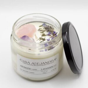 Lavander Aromatherapy Candle with Amethyst and Rose Quartz + Soy Wax + Scented Oil + Cinnamon Decoration + Quartz + Healing Crystal +12 oz. La CASA de ALEJANDRA