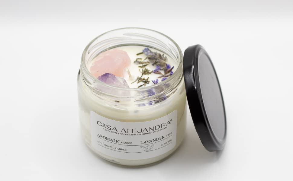 Lavander Aromatherapy Candle with Amethyst and Rose Quartz + Soy Wax + Scented Oil + Cinnamon Decoration + Quartz + Healing Crystal +12 oz. La CASA de ALEJANDRA