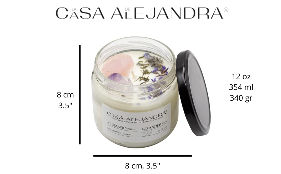 Lavander Aromatherapy Candle with Amethyst and Rose Quartz + Soy Wax + Scented Oil + Cinnamon Decoration + Quartz + Healing Crystal +12 oz. La CASA de ALEJANDRA