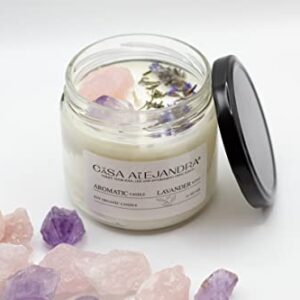 Lavander Aromatherapy Candle with Amethyst and Rose Quartz + Soy Wax + Scented Oil + Cinnamon Decoration + Quartz + Healing Crystal +12 oz. La CASA de ALEJANDRA