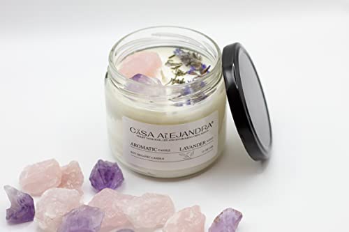 Lavander Aromatherapy Candle with Amethyst and Rose Quartz + Soy Wax + Scented Oil + Cinnamon Decoration + Quartz + Healing Crystal +12 oz. La CASA de ALEJANDRA