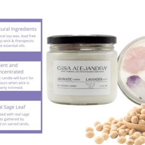 Lavander Aromatherapy Candle with Amethyst and Rose Quartz + Soy Wax + Scented Oil + Cinnamon Decoration + Quartz + Healing Crystal +12 oz. La CASA de ALEJANDRA