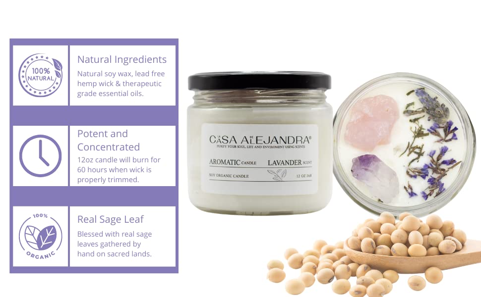 Lavander Aromatherapy Candle with Amethyst and Rose Quartz + Soy Wax + Scented Oil + Cinnamon Decoration + Quartz + Healing Crystal +12 oz. La CASA de ALEJANDRA