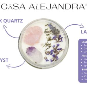 Lavander Aromatherapy Candle with Amethyst and Rose Quartz + Soy Wax + Scented Oil + Cinnamon Decoration + Quartz + Healing Crystal +12 oz. La CASA de ALEJANDRA