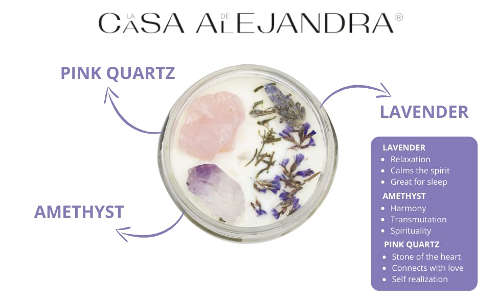 Lavander Aromatherapy Candle with Amethyst and Rose Quartz + Soy Wax + Scented Oil + Cinnamon Decoration + Quartz + Healing Crystal +12 oz. La CASA de ALEJANDRA