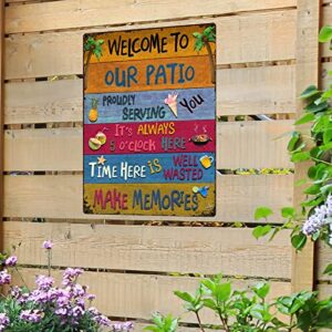 fekcits vintage metal tin signs, 16”x12” welcome to our patio sign, outdoor patio farmhouse sign for garden yard porch, home decor poster it’s always 5 o’clock classic metal signs