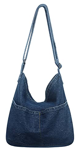 AIEOE Denim Hobo Bags for Women Handbags School Vintage Messenger Bag Jean Backpack Aesthetic Crossbody Tote Navy Blue